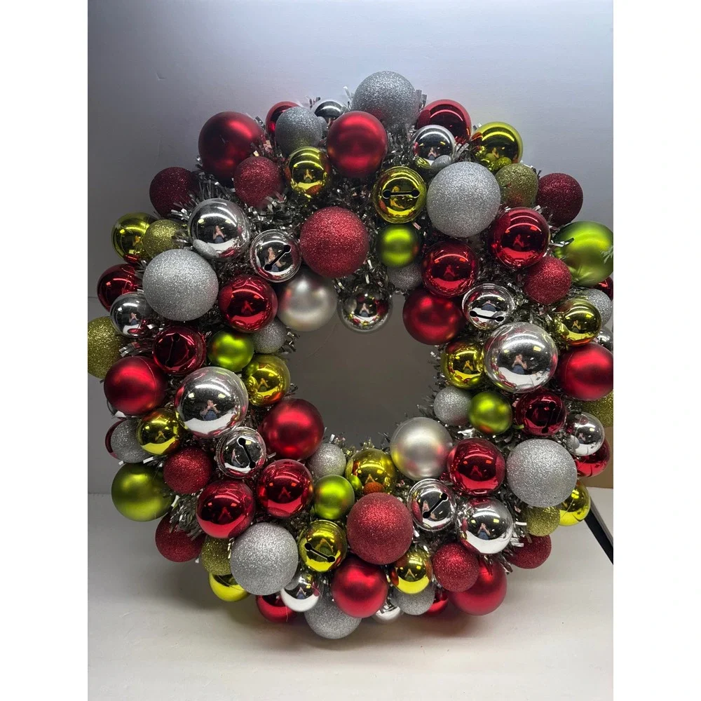 Christmas Ornament Wreath Red Green Silver Gold Baubles Jingle Bells 20 Inch